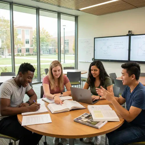 Diverse Group of Students in Modern Classroom Collaboration
