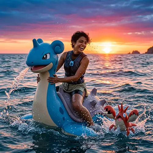 Pokemon Trainer in Sea with Corphish and Lapras