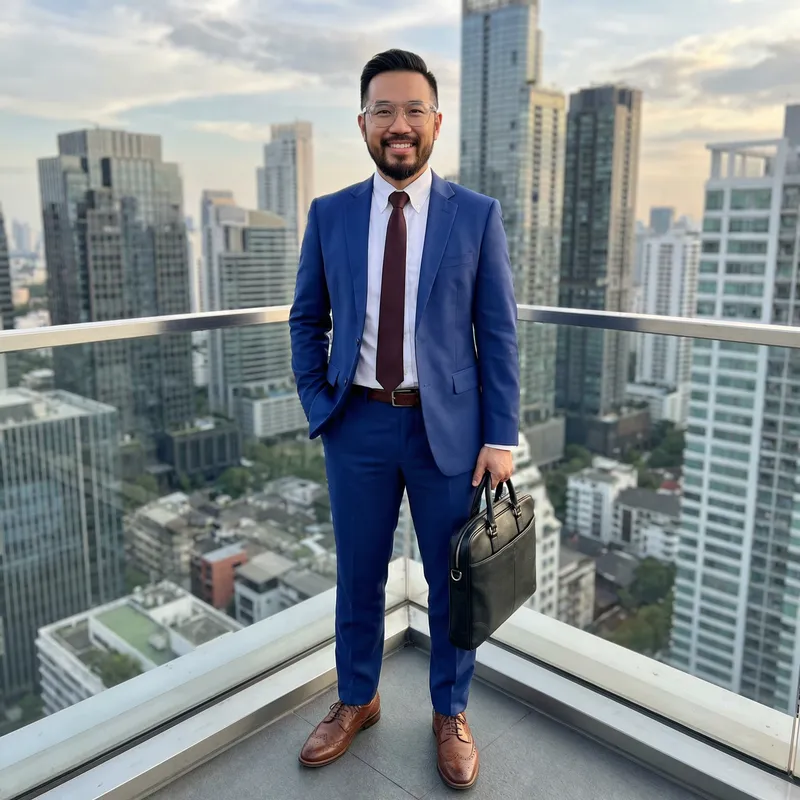 Confident Asian Man in Stylish Cobalt Suit with City Background