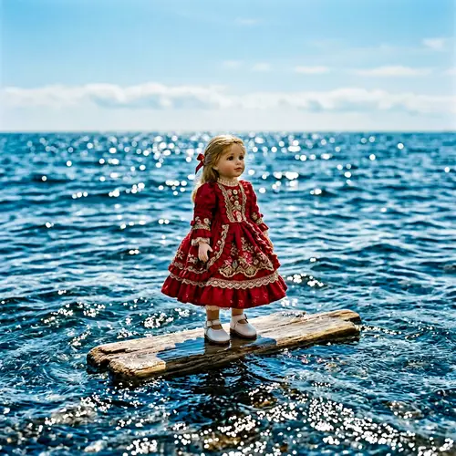 Elegant Doll in Red Dress on the Sea | Stunning Contrast