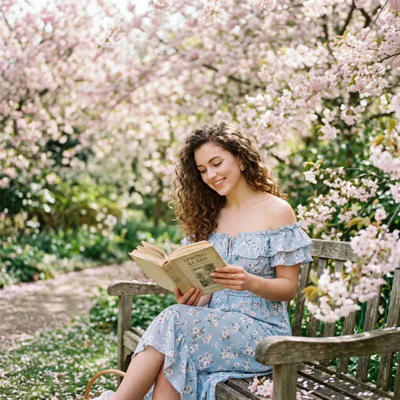 Beautiful Young Woman in Cherry Blossom Garden