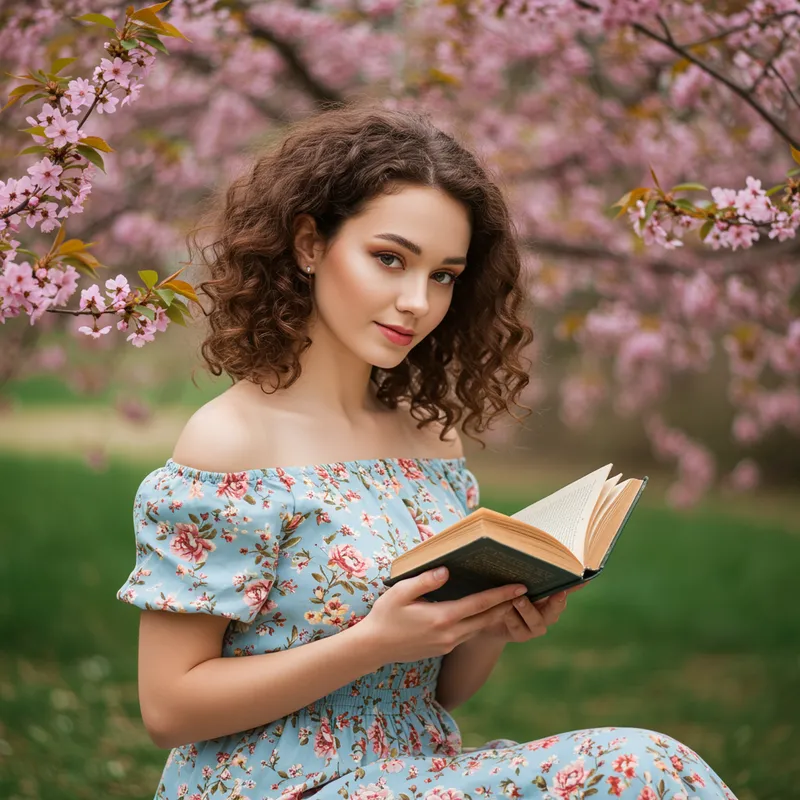 Beautiful Young Woman in Cherry Blossom Garden