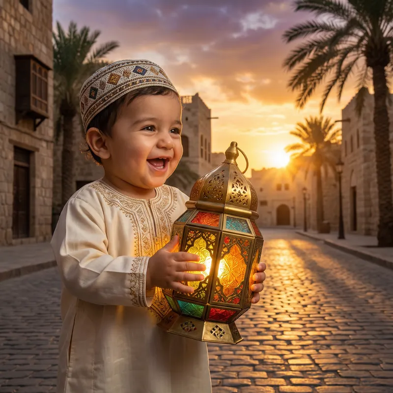 Joyful Baby Boy with Ramadan Fanos - Festive Spirit