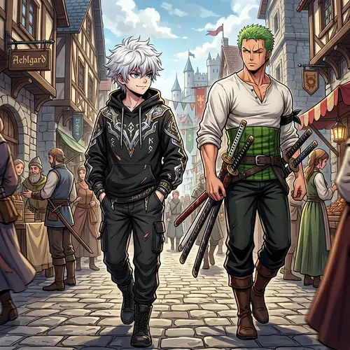 Anime Boy in Hoodie Strolling Medieval Fantasy Streets