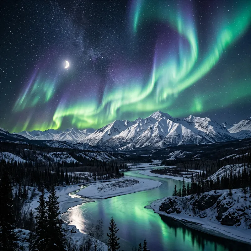 Aurora Borealis Over Alaskan Mountains