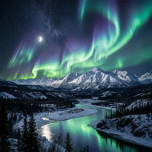 Aurora Borealis Over Snow-Capped Alaskan Mountains