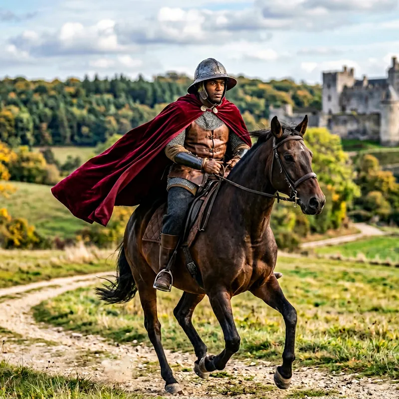 Heroic Black Man on Horseback with Medieval Cape