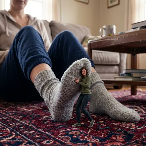 Tiny Woman Stuck in Giantess Feet