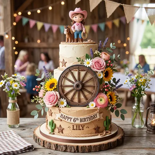 Cowgirl Birthday Cake with Wagon Wheel & Flowers