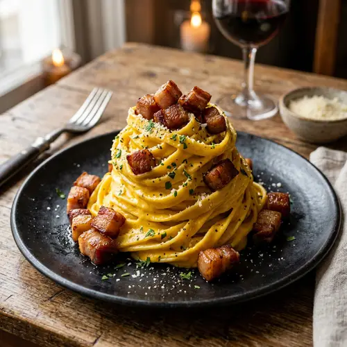 Fettuccine a la Huancaina with Guanciale Delight