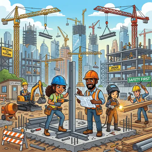 Cartoon Builders in a City Under Construction