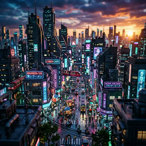 Futuristic Cityscape at Sunset | Cyberpunk Tilt-Shift Photo