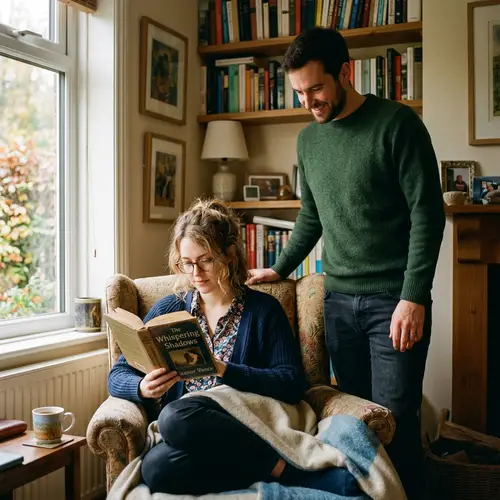 Woman Reading a Book with Man Behind Her