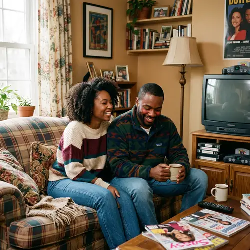 Warm Smiles in a 90s Sitcom Living Room