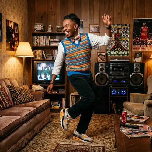 Joyful 90s Living Room Dance Scene