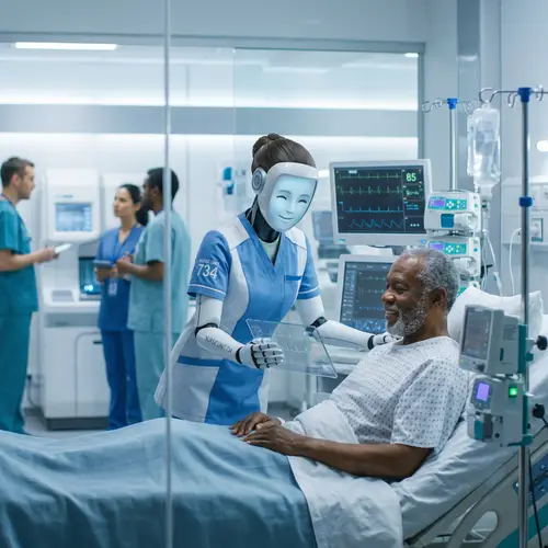 Futuristic Hospital Scene: Robotic Nurse Caring for African Male Patient