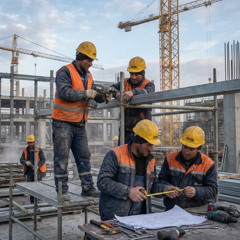 Realistic Illustration of OSTIM Construction Workers in Yellow Hardhats