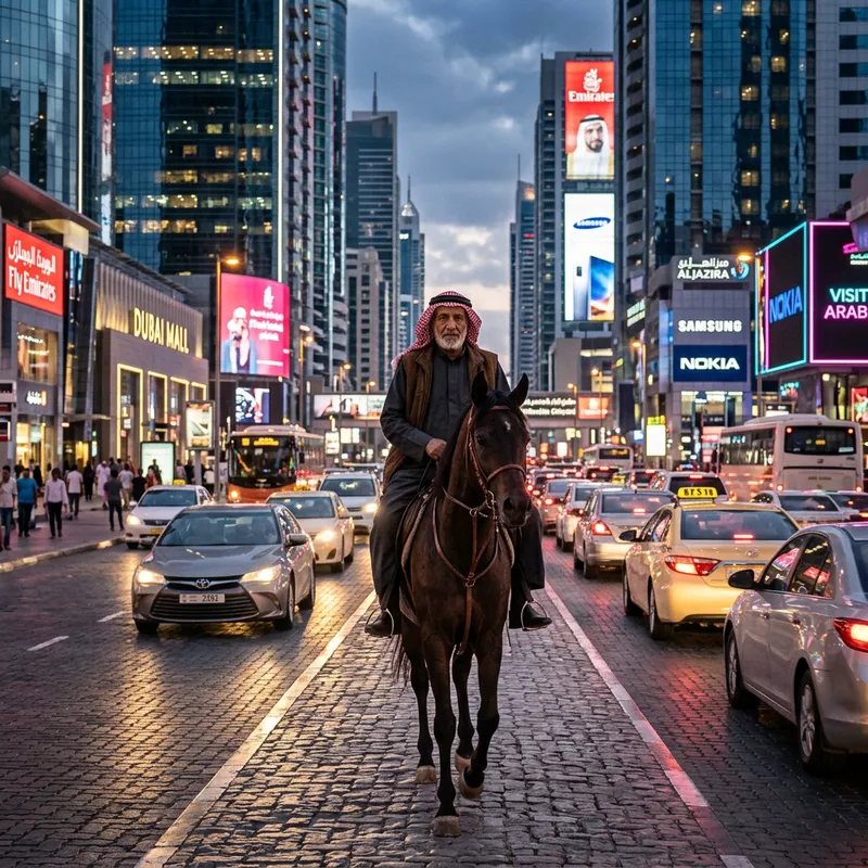 An Elderly Arab Riding a Horse in a Modern City