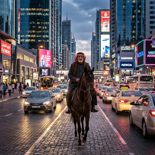 An Elderly Arab Riding a Horse in a Modern City