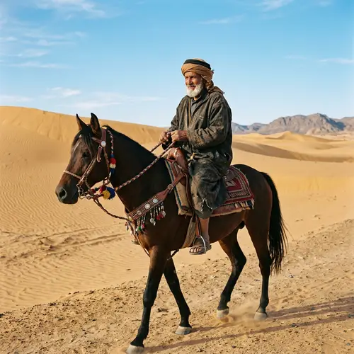 Elderly Arab Man Riding Horse in Desert Landscape