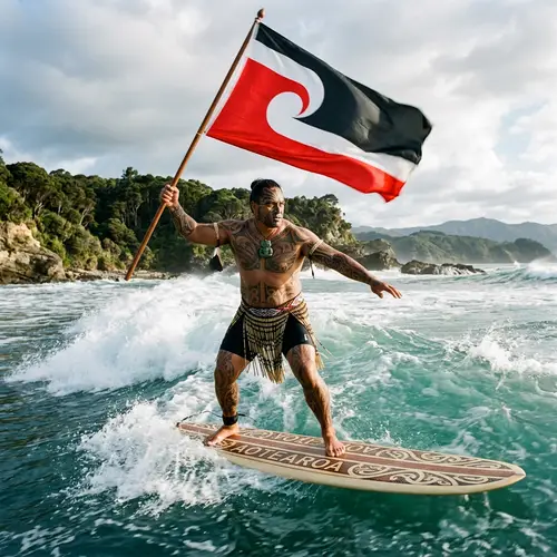 Maori Warrior on Surfboard with Flag