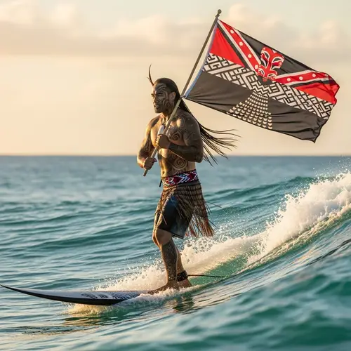 Maori Warrior on Surfboard with Flag