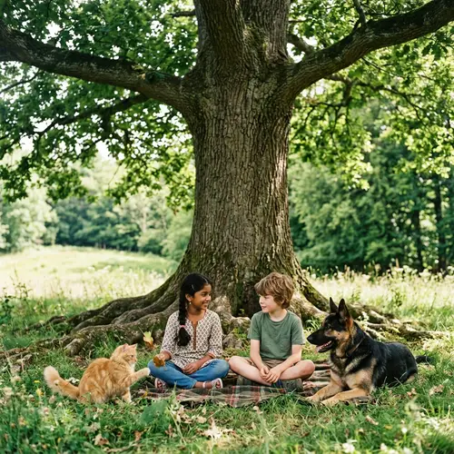 Tranquil Nature Scene: South Asian Girl and Caucasian Boy with Pets under Tree