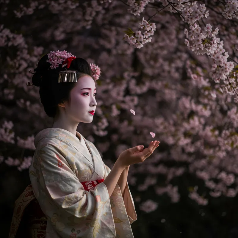 Geisha Under Moonlight: Cherry Blossom Petals Fall