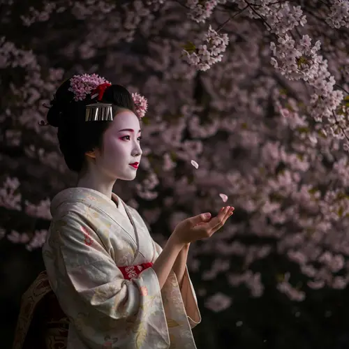 Geisha Under Moonlight: Cherry Blossom Petals Fall
