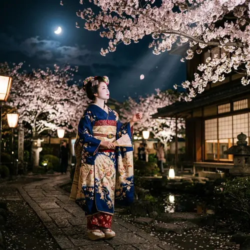 Geisha Under Moonlight: Cherry Blossom Petals Fall