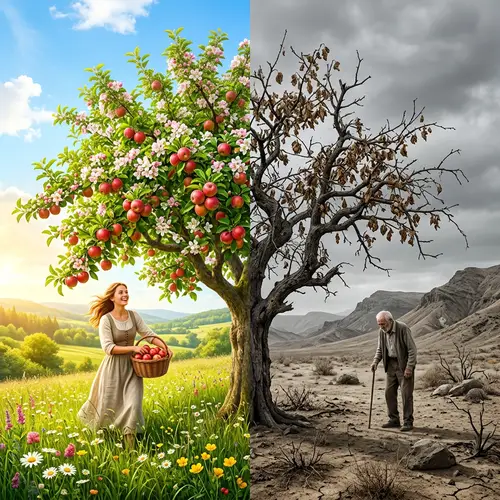 Contrast of Health and Illness: Vibrant Apple Tree vs. Wilting Tree