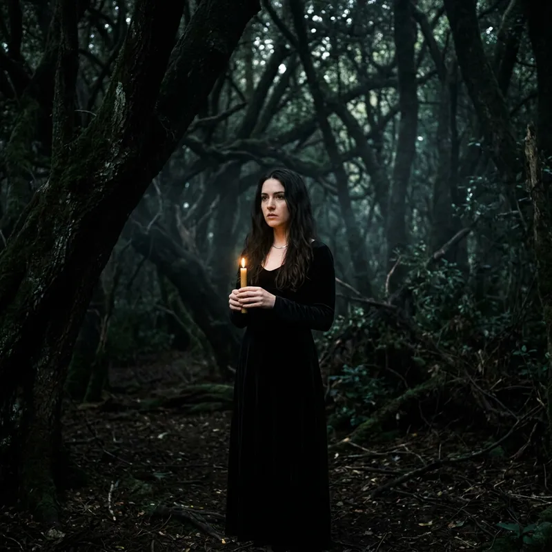 Dark Long Haired Woman in Black Forest Night Scene