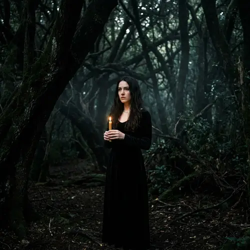 Dark Forest Scene with Candle-Wielding Woman