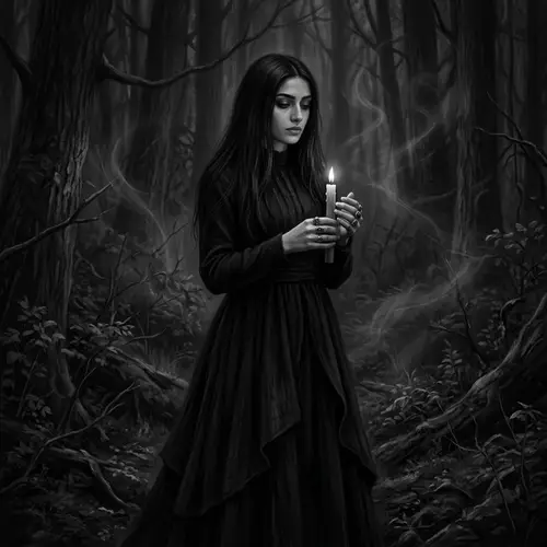 Mysterious Middle-Eastern Witch in Dark Forest with Flickering Candle