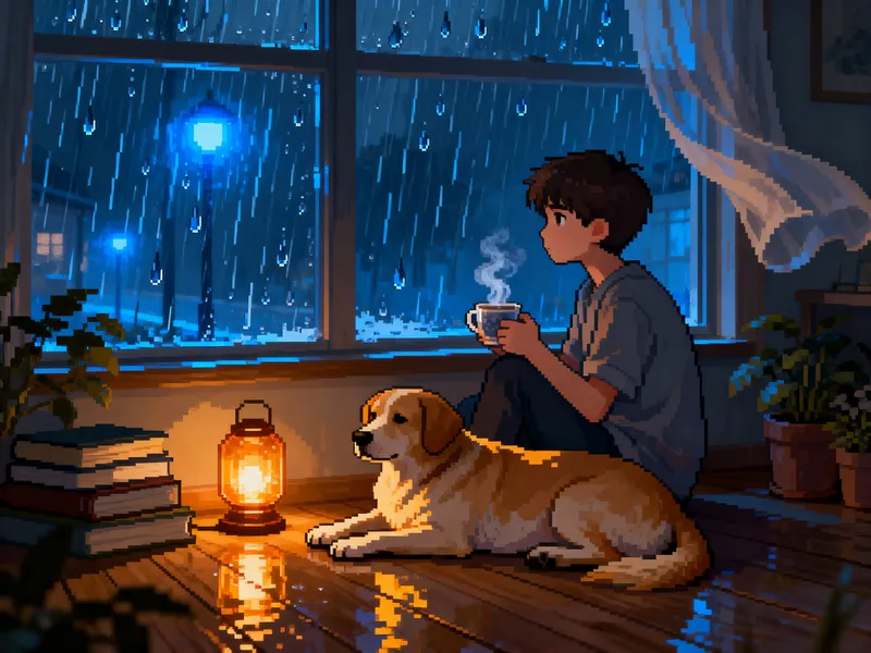 Serene Pixel Art of Boy and Dog in the Rain