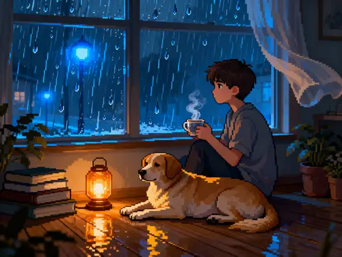 Serene Pixel Art of Boy and Dog in the Rain