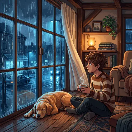 Serene Pixel Art of Boy and Dog in the Rain