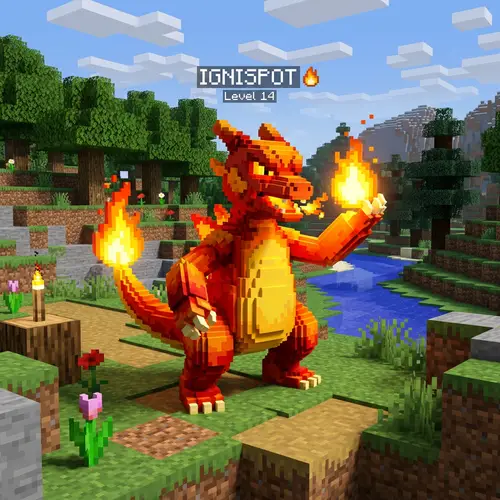 3D Pixel Art Fire Pocket Monster in Minecraft Style