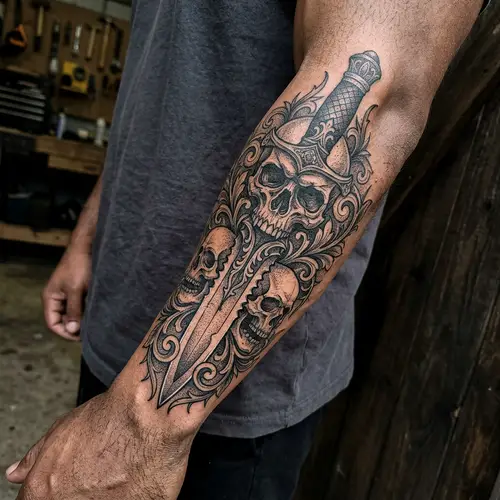 Black Skull and Knife Forearm Tattoo Design