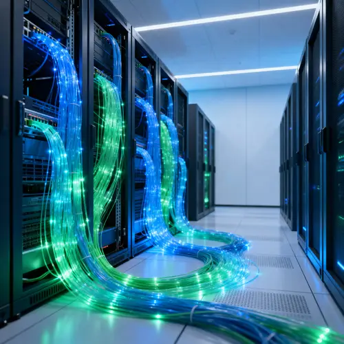 Futuristic Server Room with Vibrant Fiber Optics