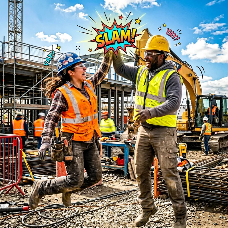 High-Five Teamwork at Construction Site
