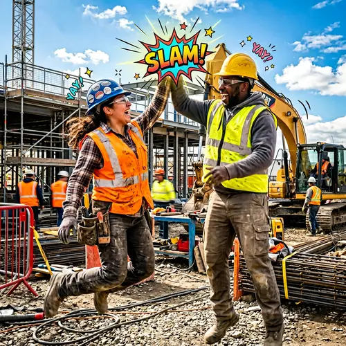 High-Five Teamwork at Construction Site