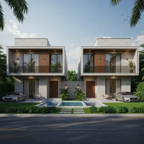 Modern Twin Villa with Marble & Wood Design