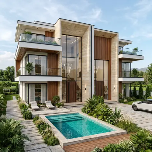 Modern Twin Villa with Marble & Wood Design
