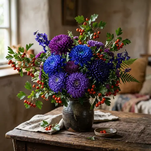 Vibrant Hawthorne and Chrysanthemums Still Life