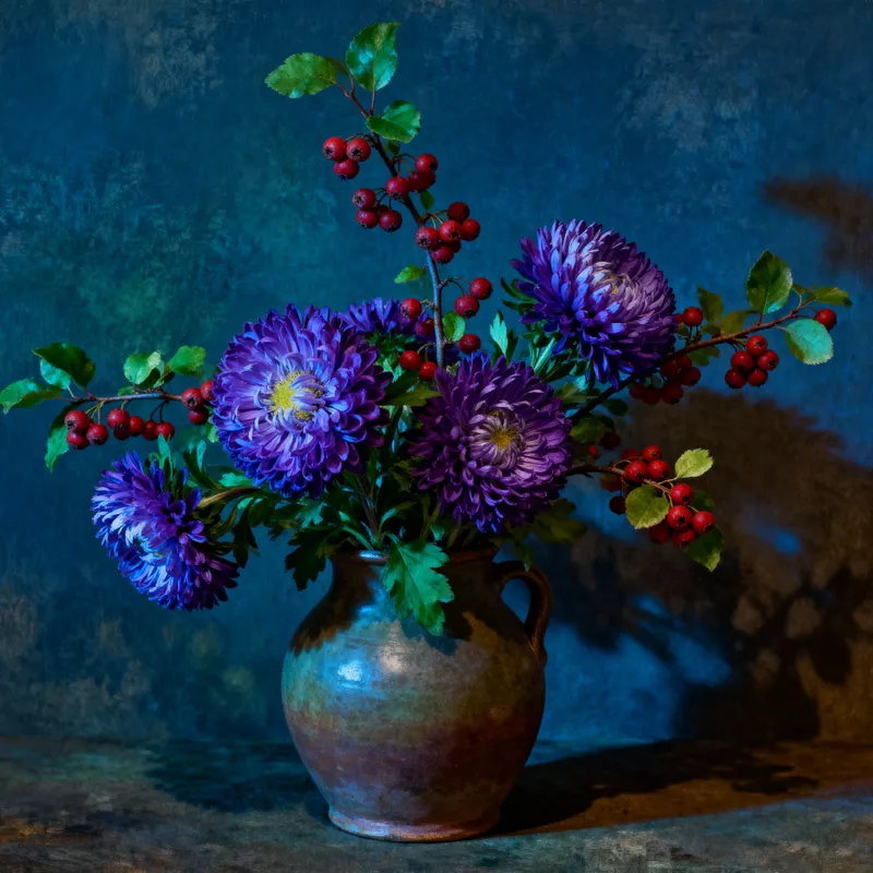Vibrant Hawthorne and Chrysanthemums Still Life