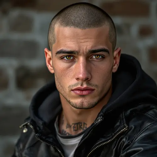 Tough Male Teen Portrait with Leather Hoodie