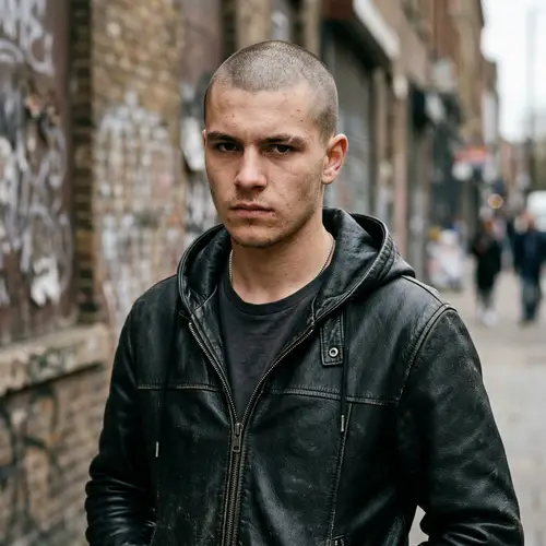 Tough Male Teen Portrait with Leather Hoodie