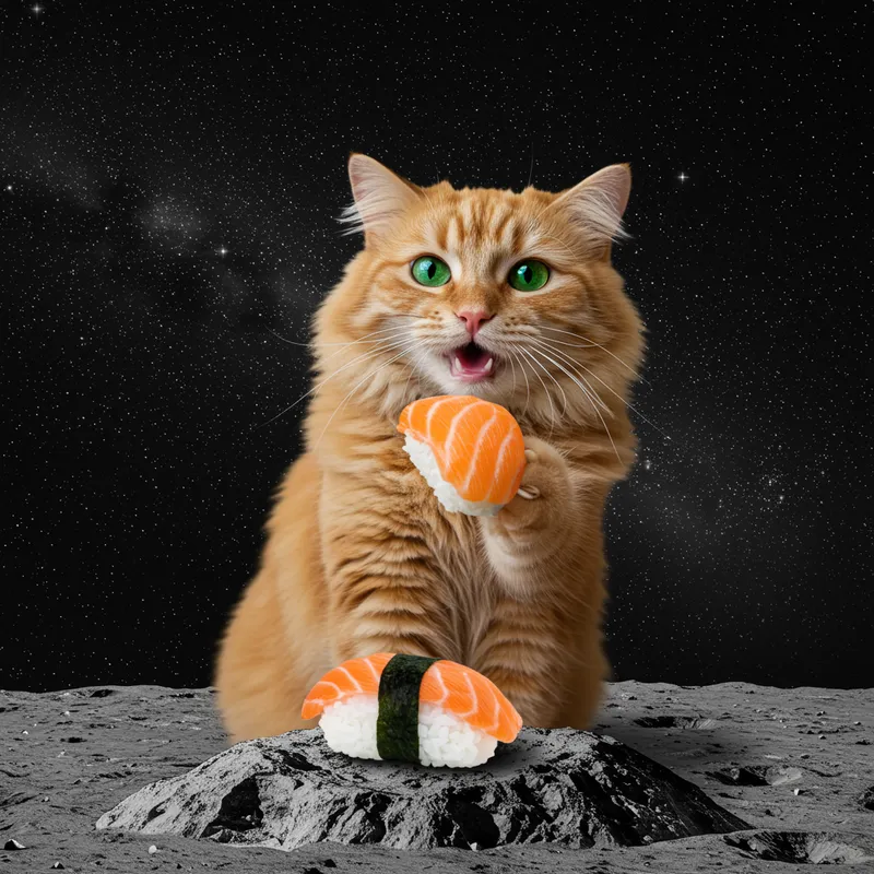 Cat Eating Sushi on the Moon - A Whimsical Delight Cat Eating Sushi on the Moon - A Whimsical Delight