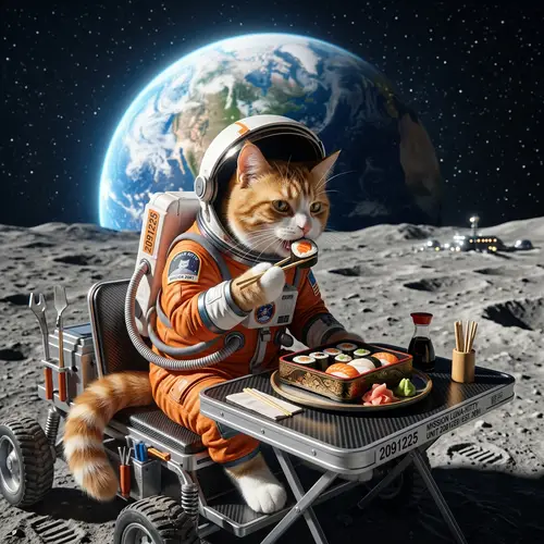 Cat Eating Sushi on the Moon - A Whimsical Delight